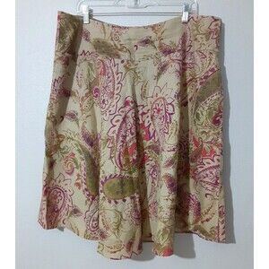 Lauren Ralph Lauren Vtg 100% Linen Skirt Tan Multicolor Floral Paisley Size 16